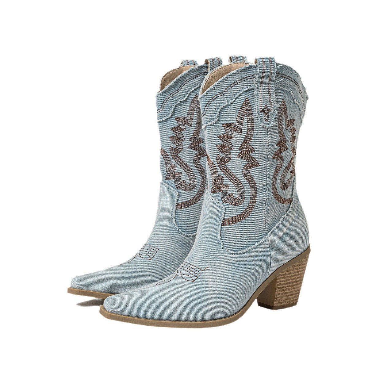 Women's Chunky Heel Denim Stiched High Embroidered Vintage Boots - LAKD London