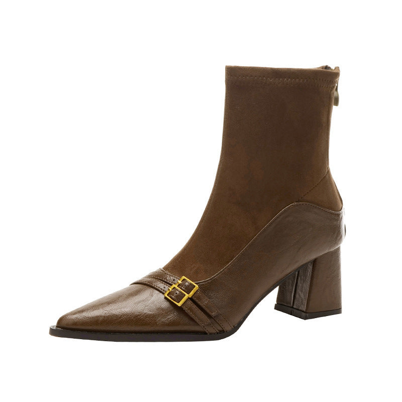 Bottes talon épais automne hiver extensible pointu high pour femme