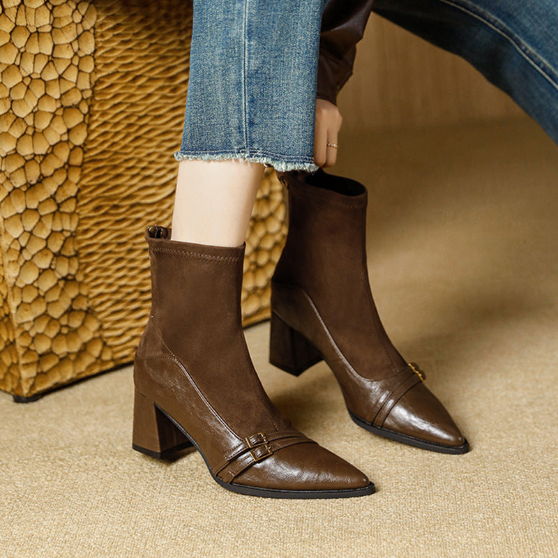Bottes talon épais automne hiver extensible pointu high pour femme