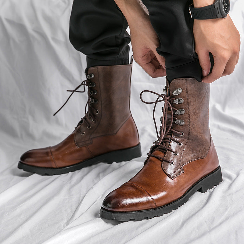 Bottes en cuir en denim décontracté à lacets automne hiver chaussures pour homme