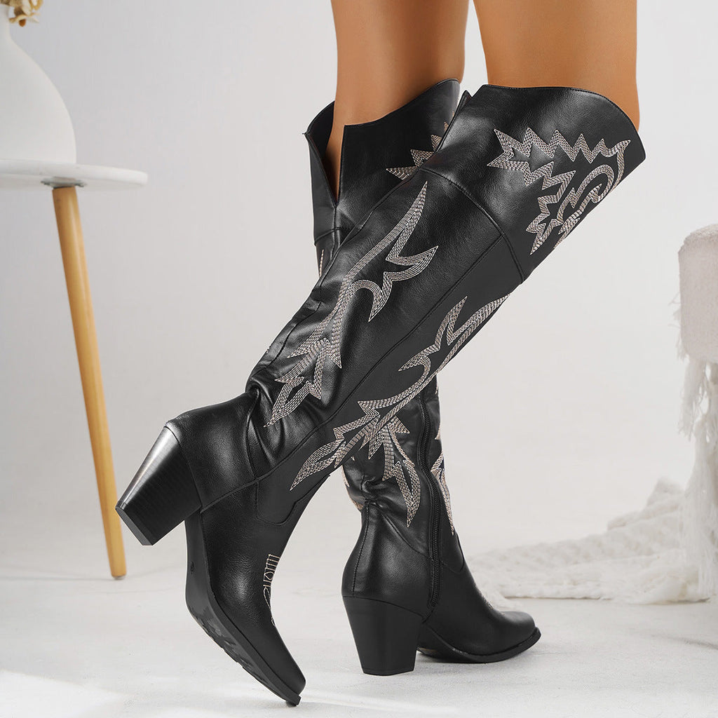 Bottes qualité haut de gamme style western en denim au-dessus du genou zippé pour femme