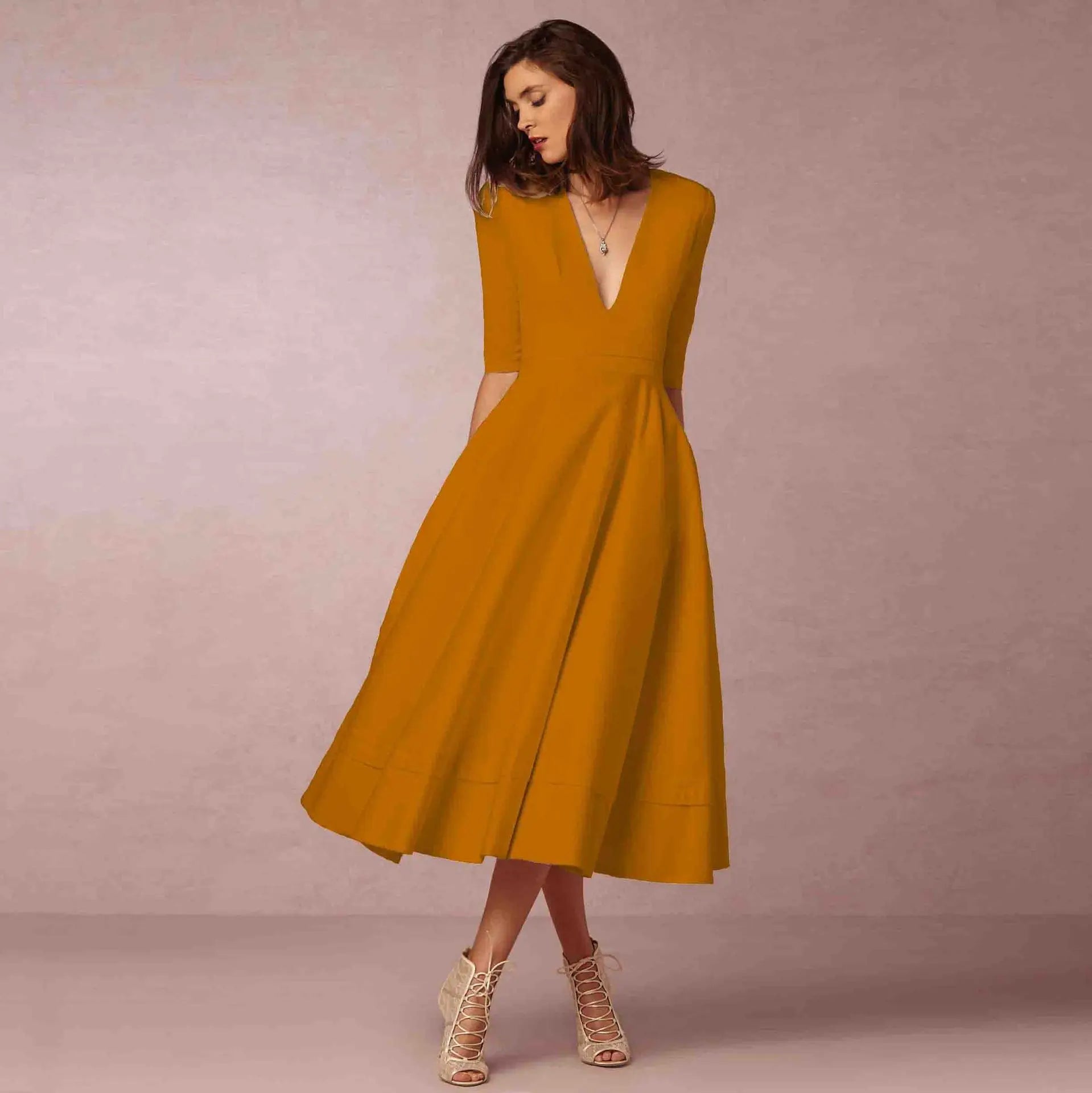 Robe élégant uni col V flowing évasé midi pour femme