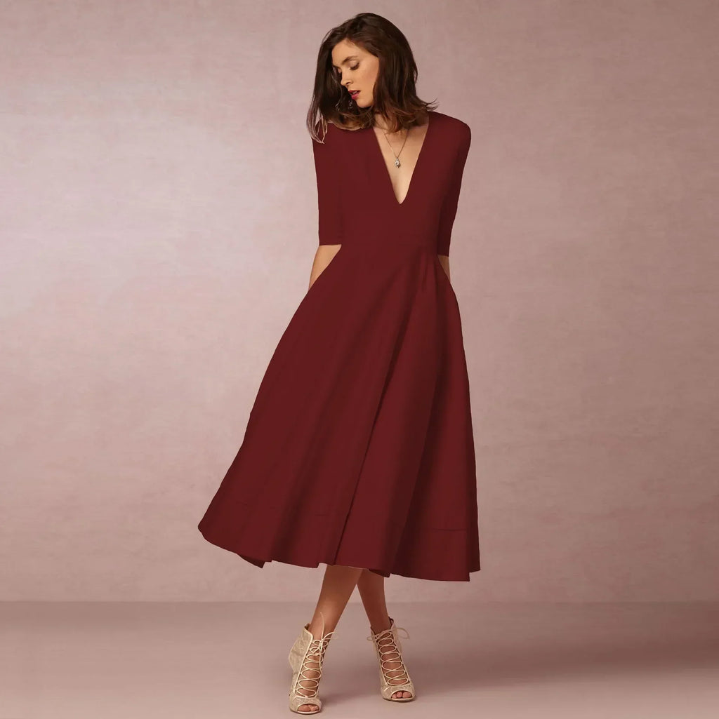 Robe élégant uni col V flowing évasé midi pour femme
