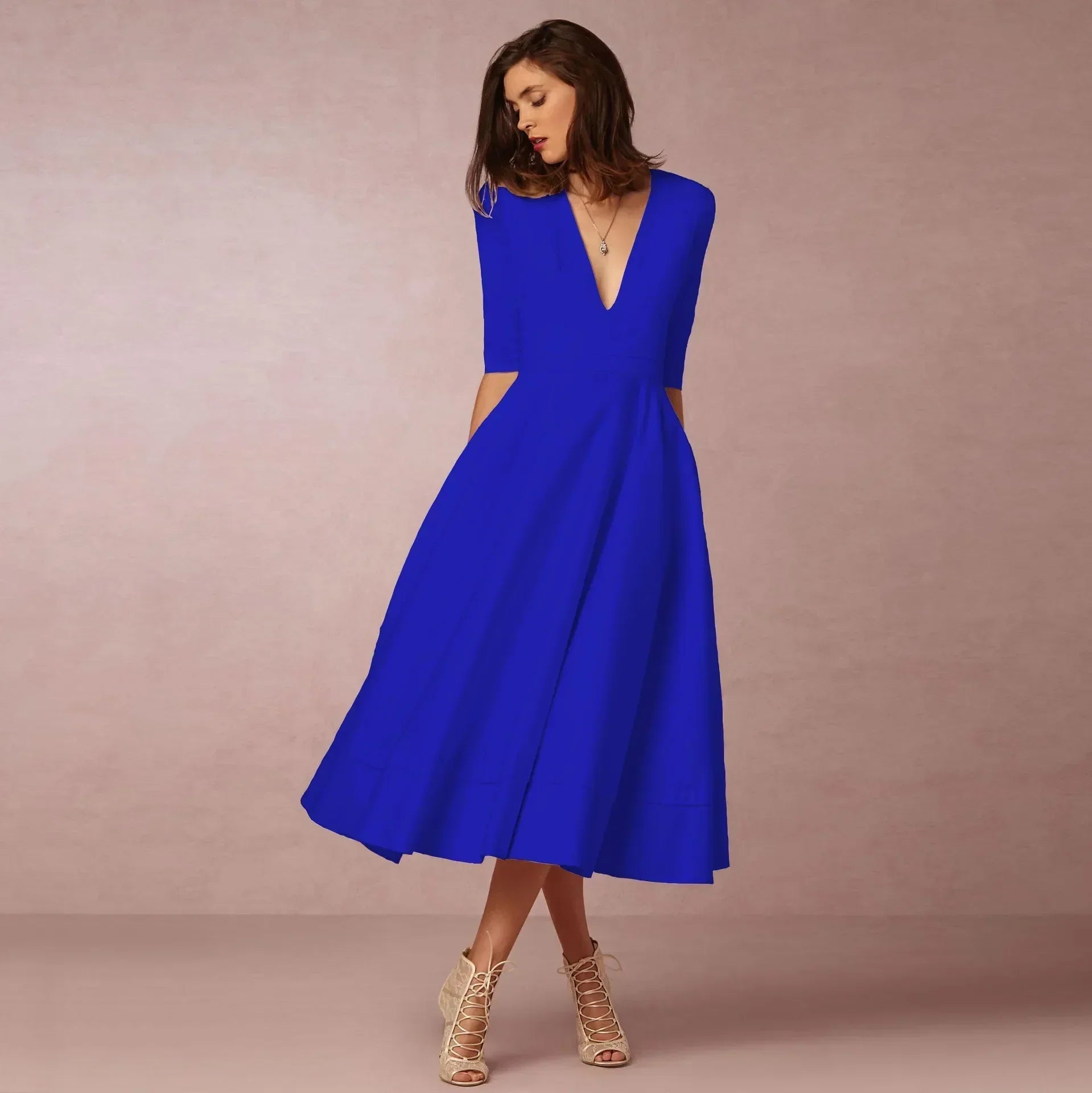 Robe élégant uni col V flowing évasé midi pour femme