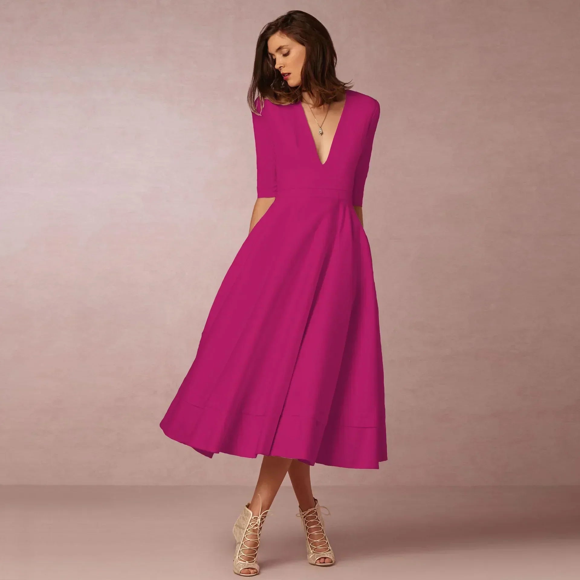 Robe élégant uni col V flowing évasé midi pour femme