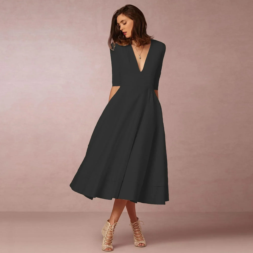 Robe élégant uni col V flowing évasé midi pour femme