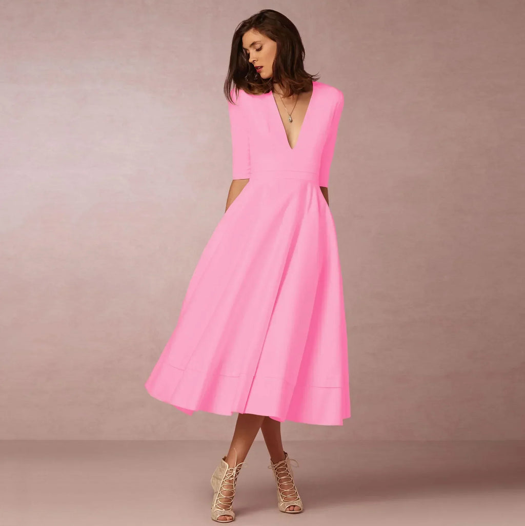 Robe élégant uni col V flowing évasé midi pour femme