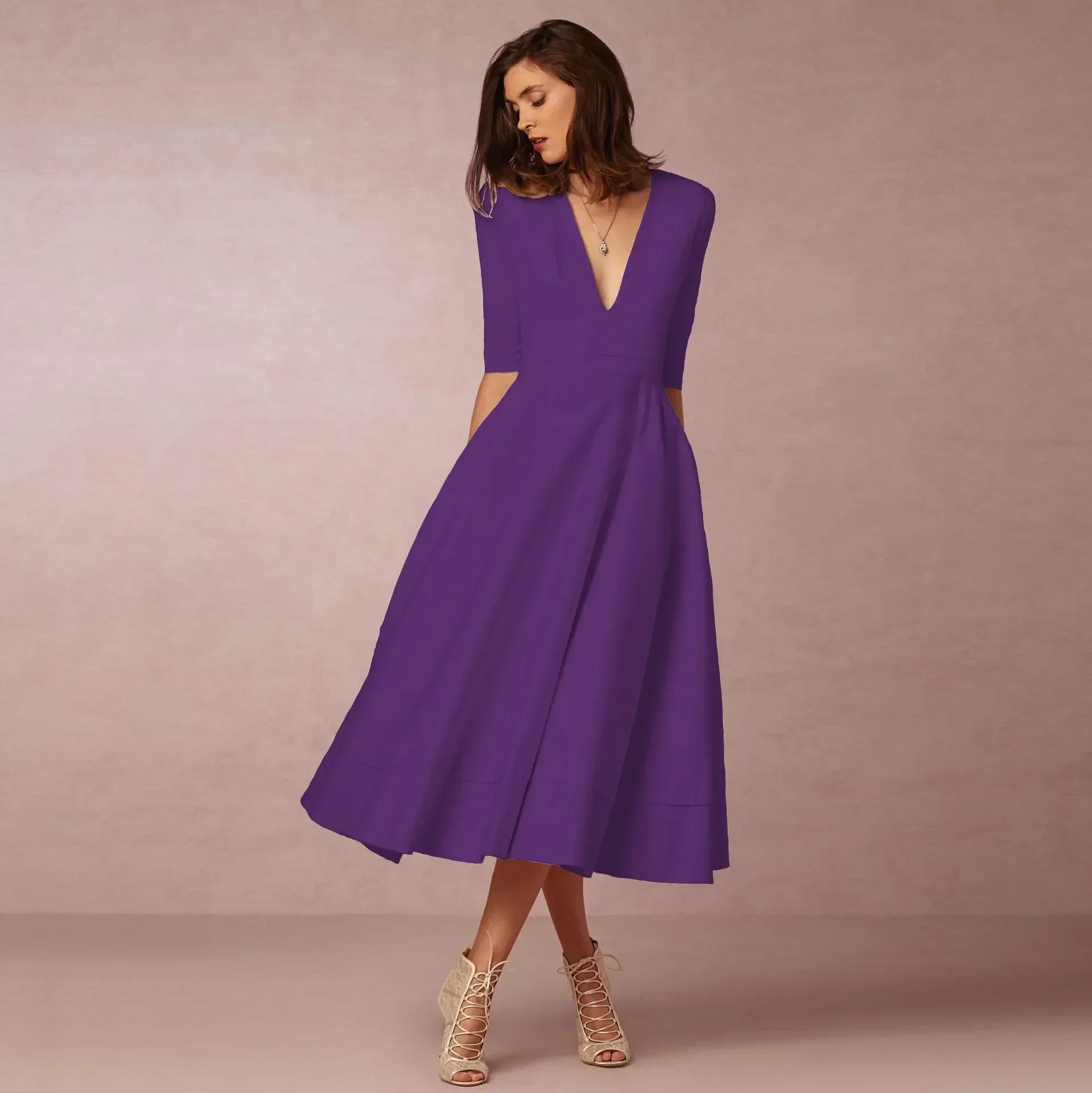 Robe élégant uni col V flowing évasé midi pour femme