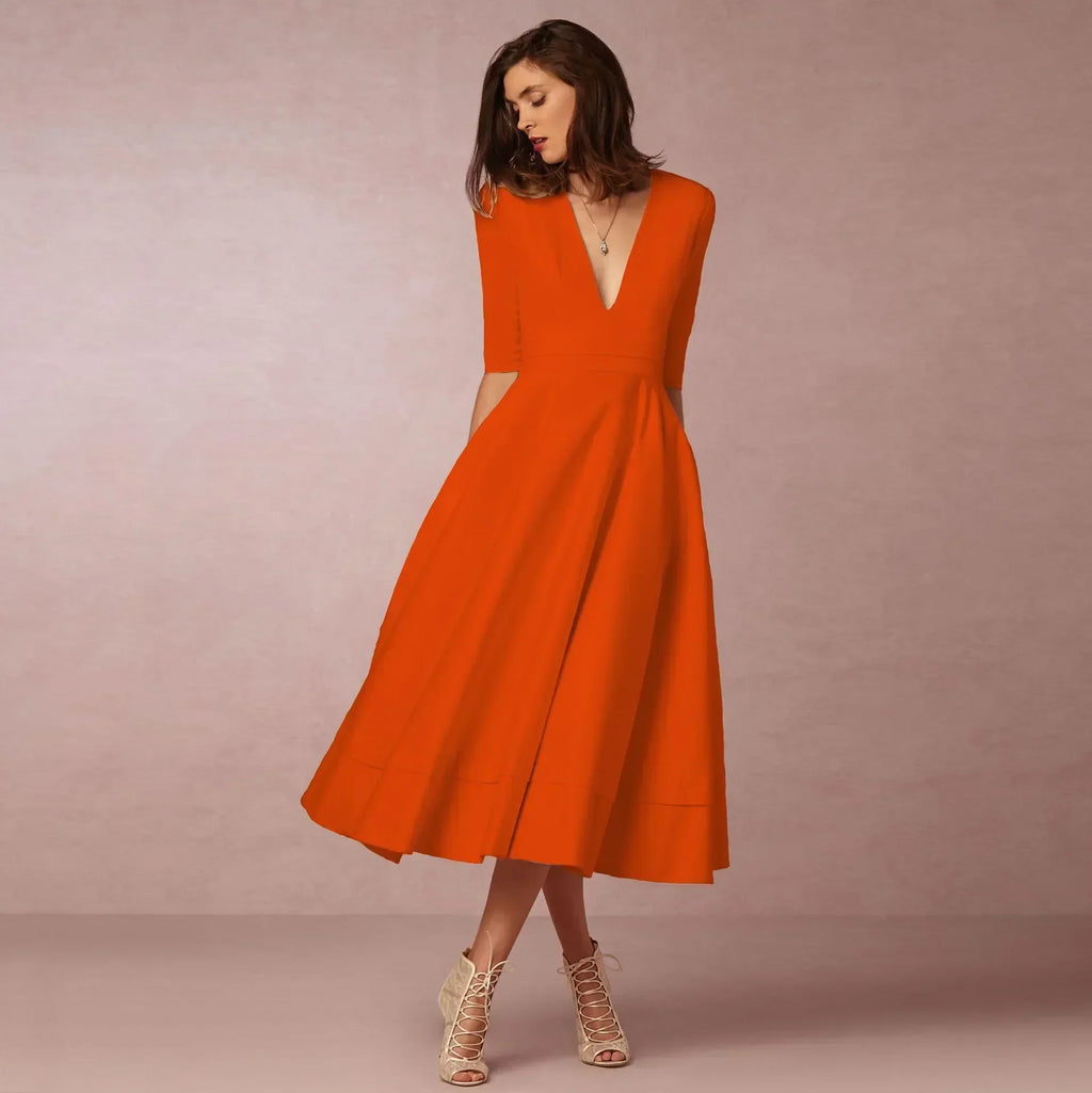 Robe élégant uni col V flowing évasé midi pour femme