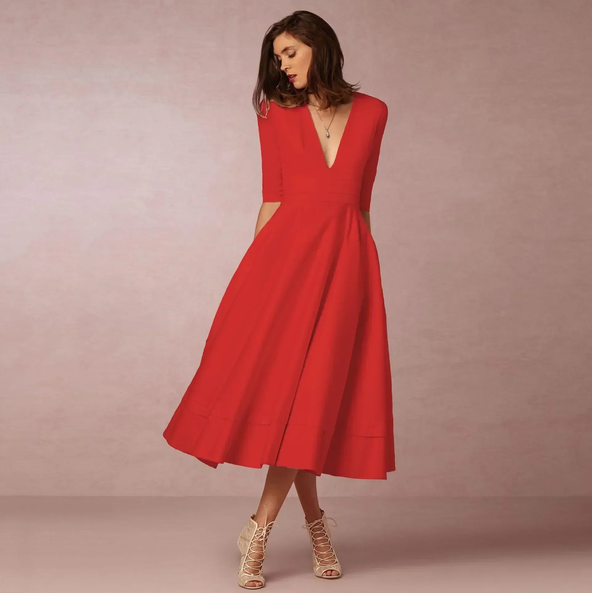 Robe élégant uni col V flowing évasé midi pour femme