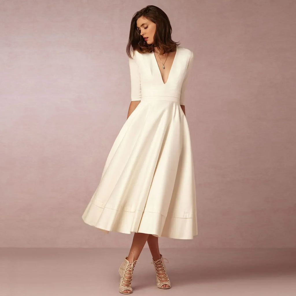 Robe élégant uni col V flowing évasé midi pour femme