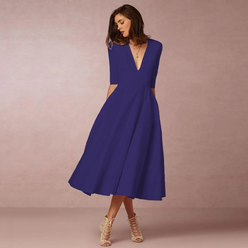 Robe élégant uni col V flowing évasé midi pour femme