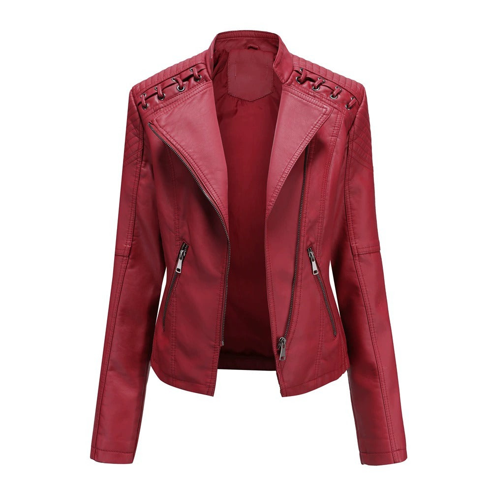 Veste délavé en cuir PU motard chic pour femme