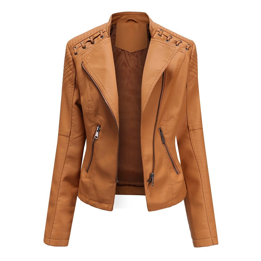 Veste délavé en cuir PU motard chic pour femme