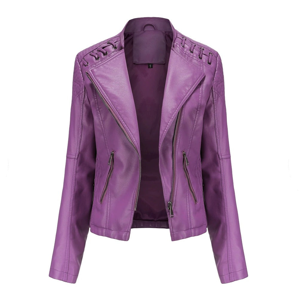 Veste délavé en cuir PU motard chic pour femme