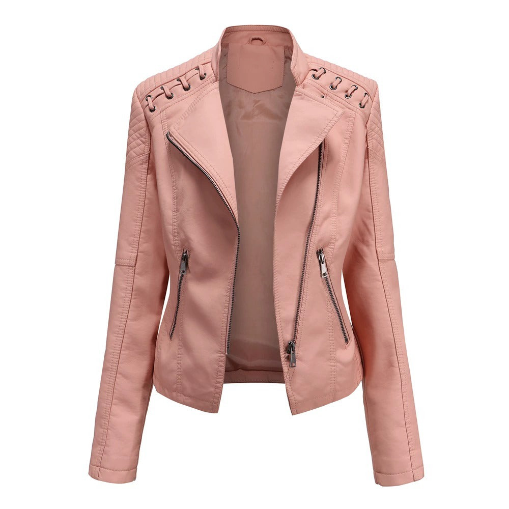 Veste délavé en cuir PU motard chic pour femme