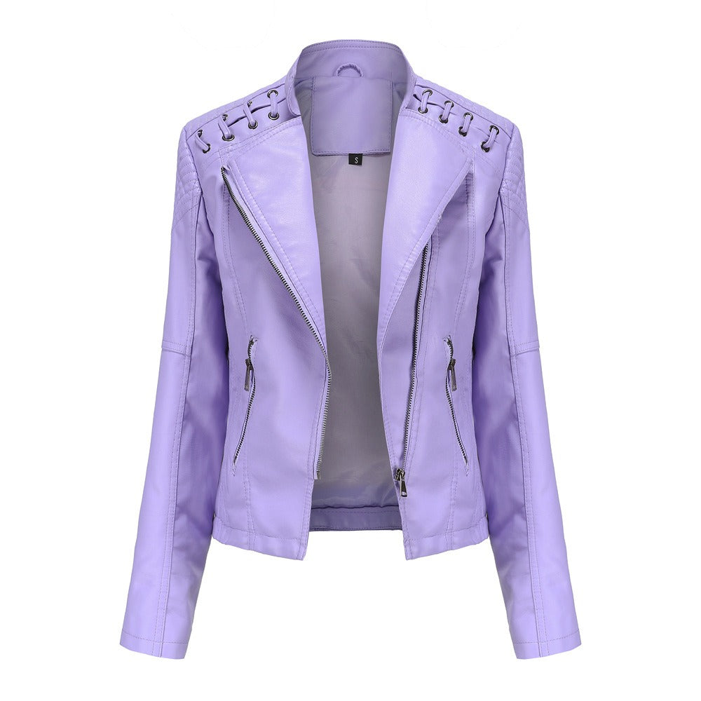Veste délavé en cuir PU motard chic pour femme