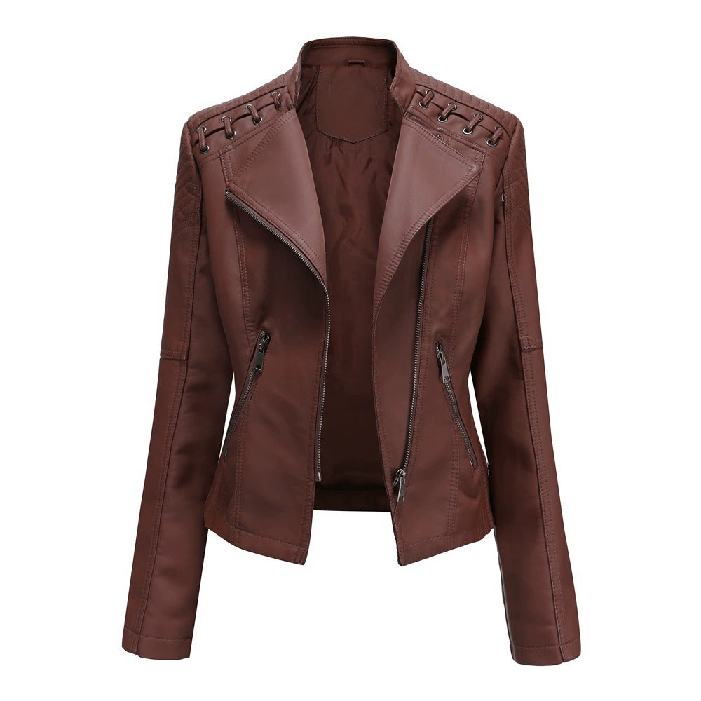 Veste délavé en cuir PU motard chic pour femme
