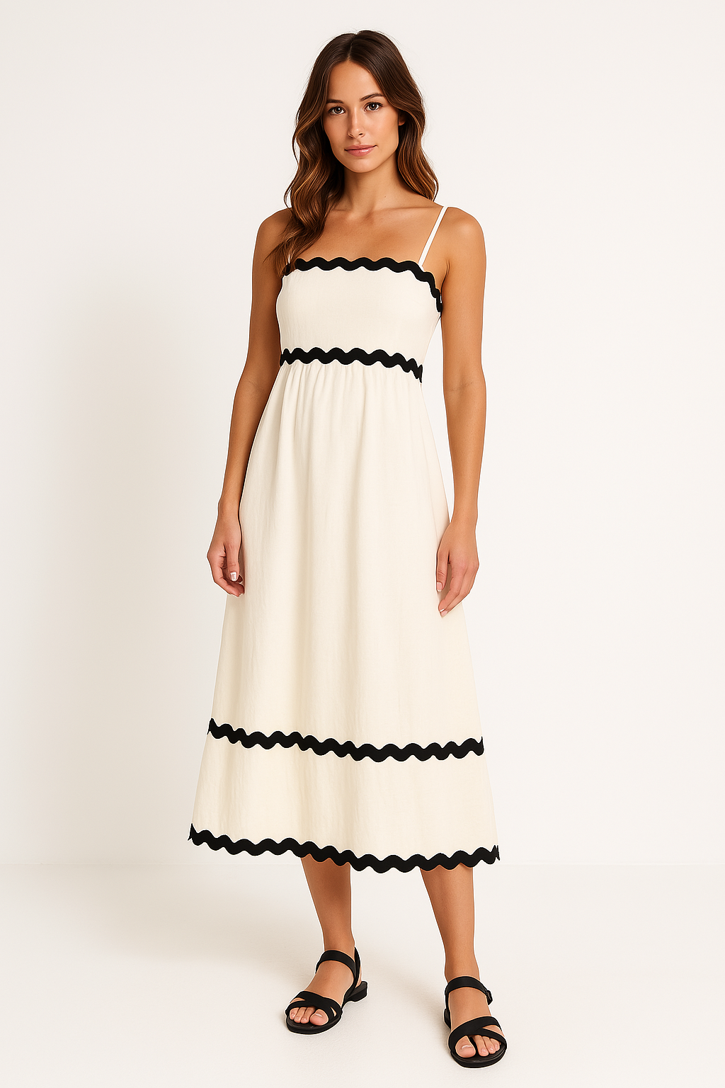 Robe contrasté bordure à brides maxi fines bretelles été pour femme
