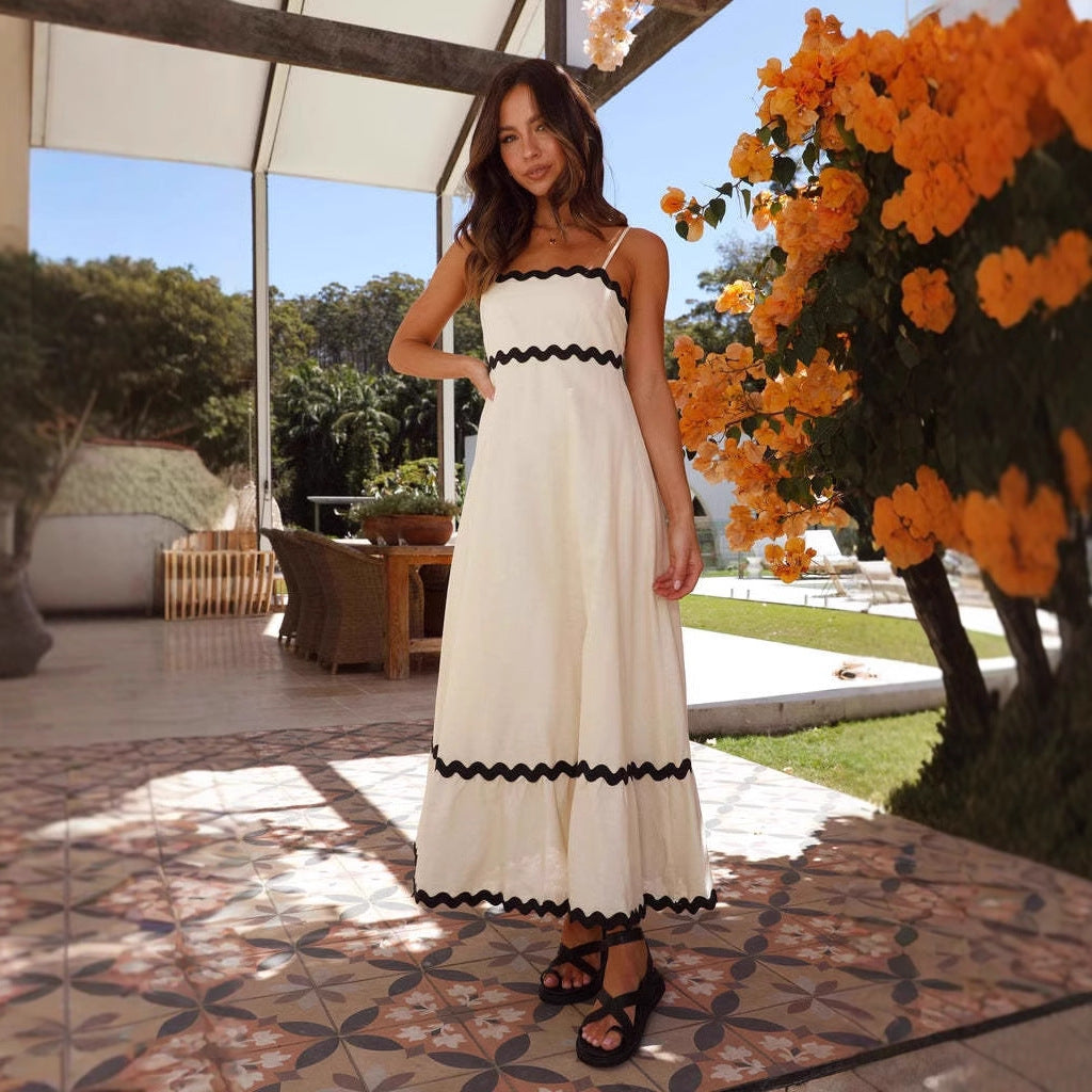 Robe contrasté bordure à brides maxi fines bretelles été pour femme