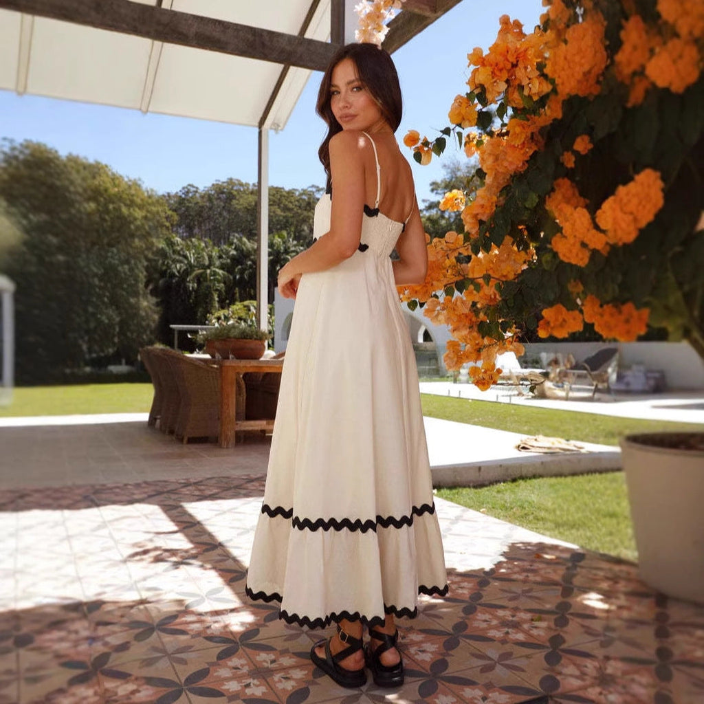 Robe contrasté bordure à brides maxi fines bretelles été pour femme