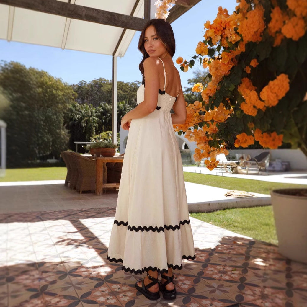 Robe contrasté bordure à brides maxi fines bretelles été pour femme