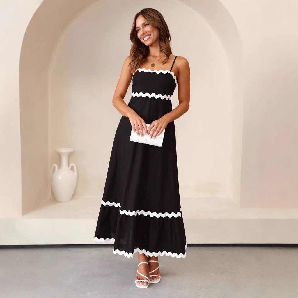 Robe contrasté bordure à brides maxi fines bretelles été pour femme