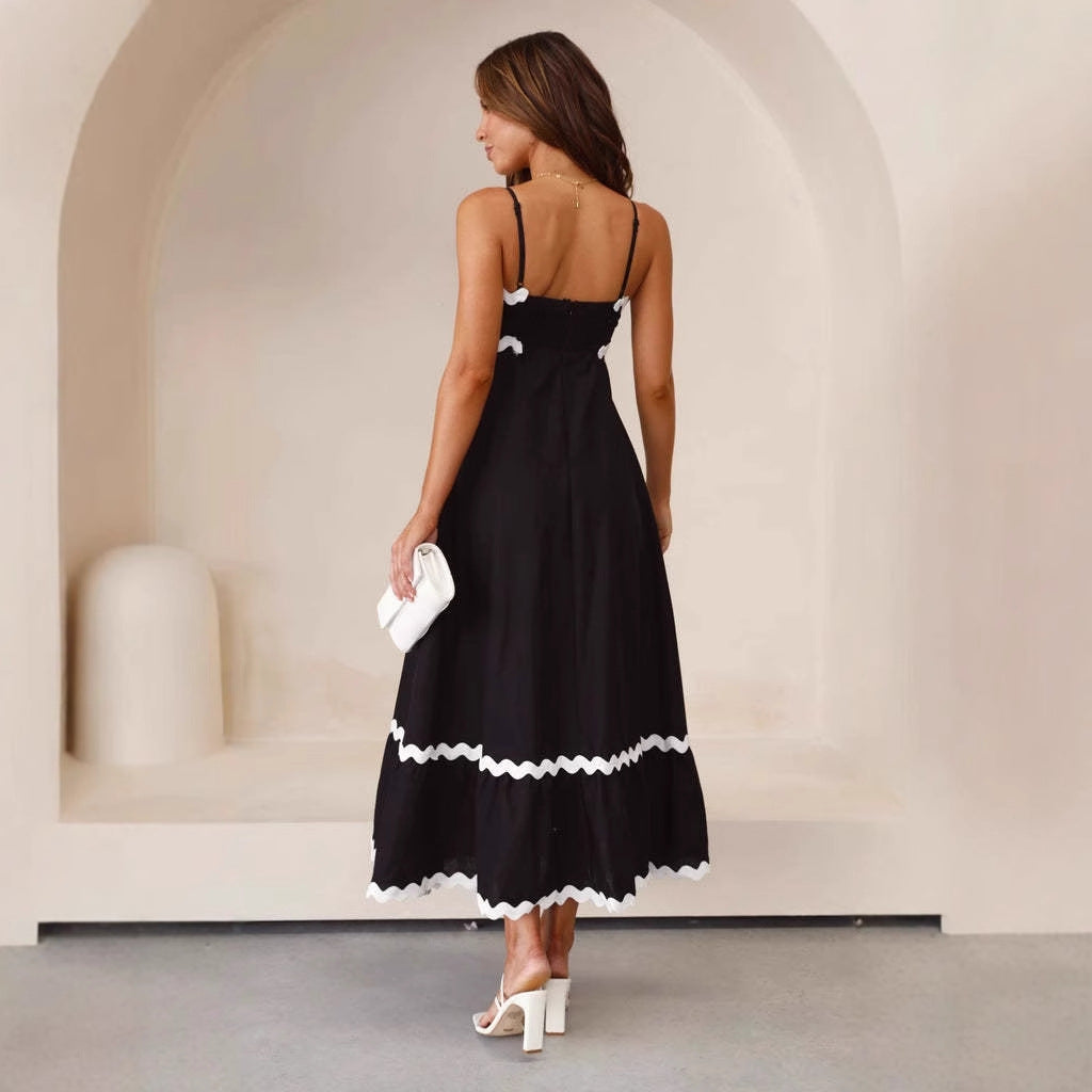 Robe contrasté bordure à brides maxi fines bretelles été pour femme