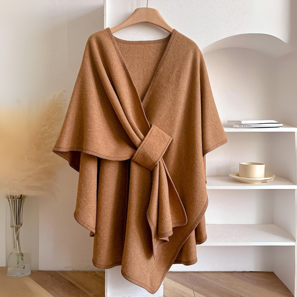 Poncho cape haut de gamme drapé, portefeuille et ceinturé pour femme