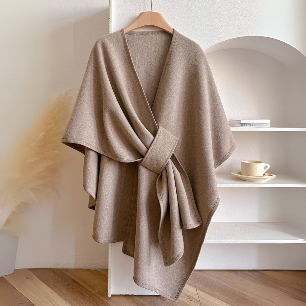 Poncho cape haut de gamme drapé, portefeuille et ceinturé pour femme