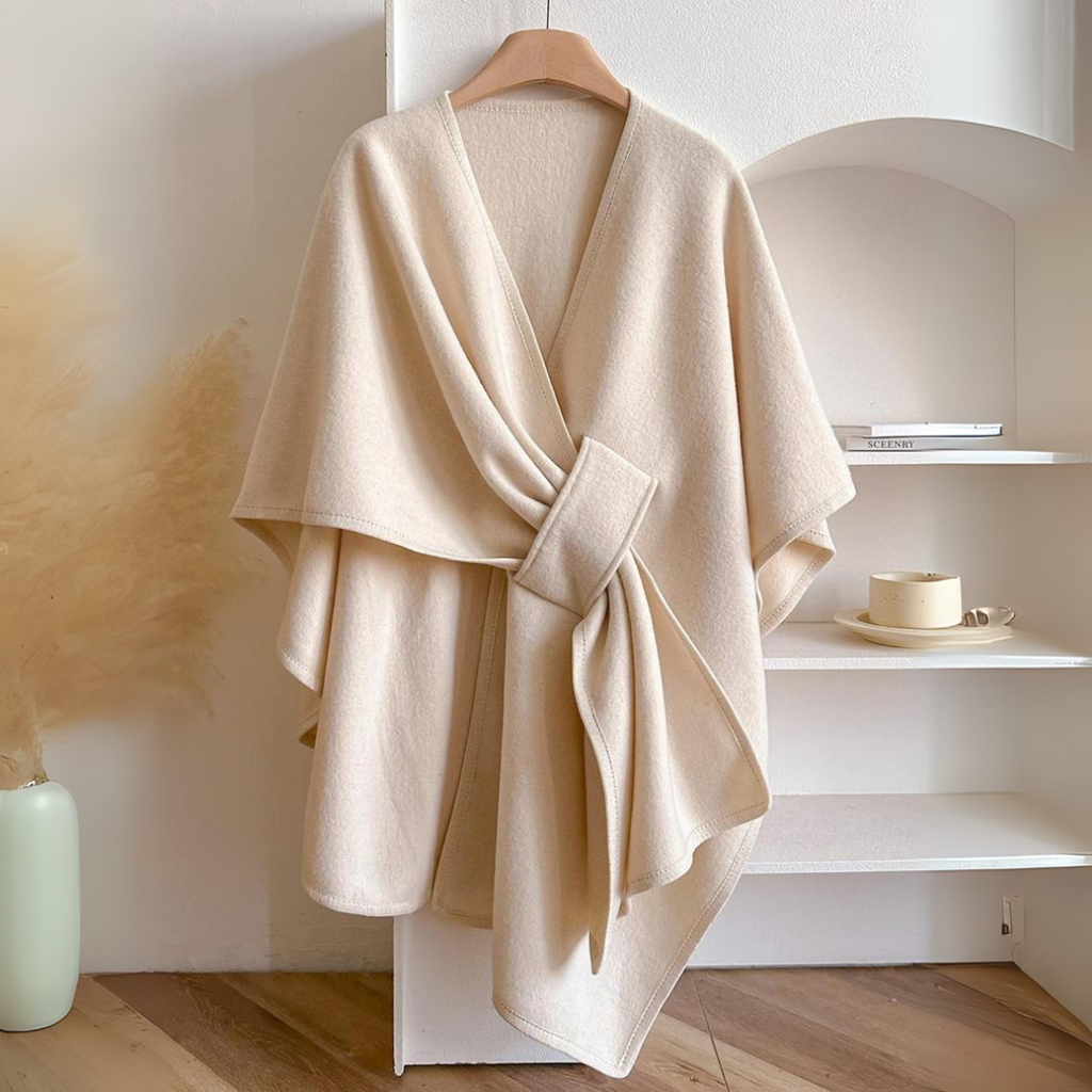 Poncho cape haut de gamme drapé, portefeuille et ceinturé pour femme