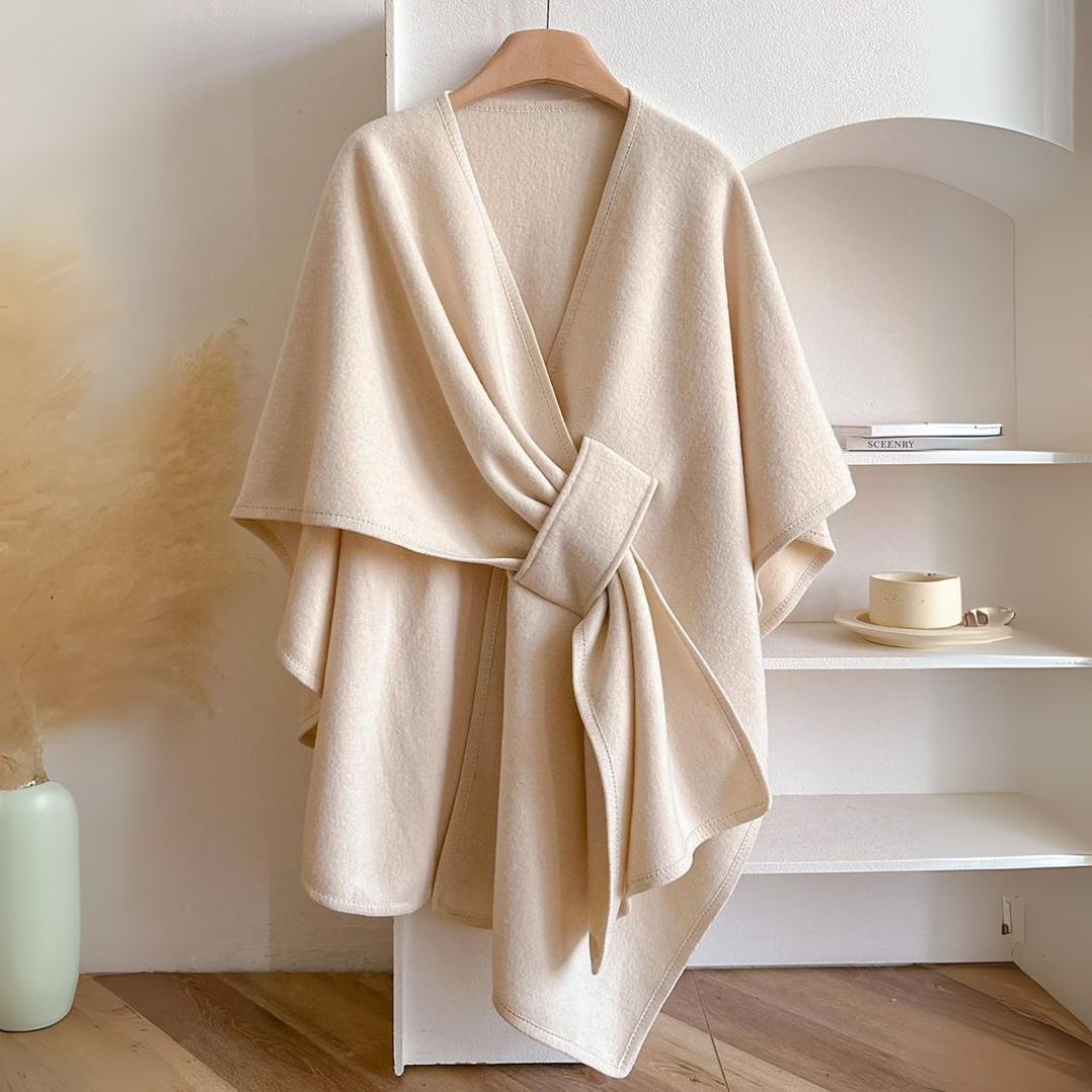 Poncho cape haut de gamme drapé, portefeuille et ceinturé pour femme