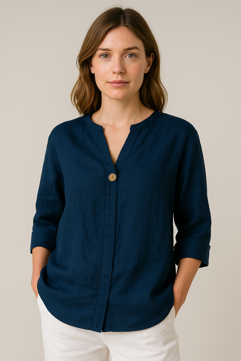Chemisier simple décontracté col V boutonné pour femme