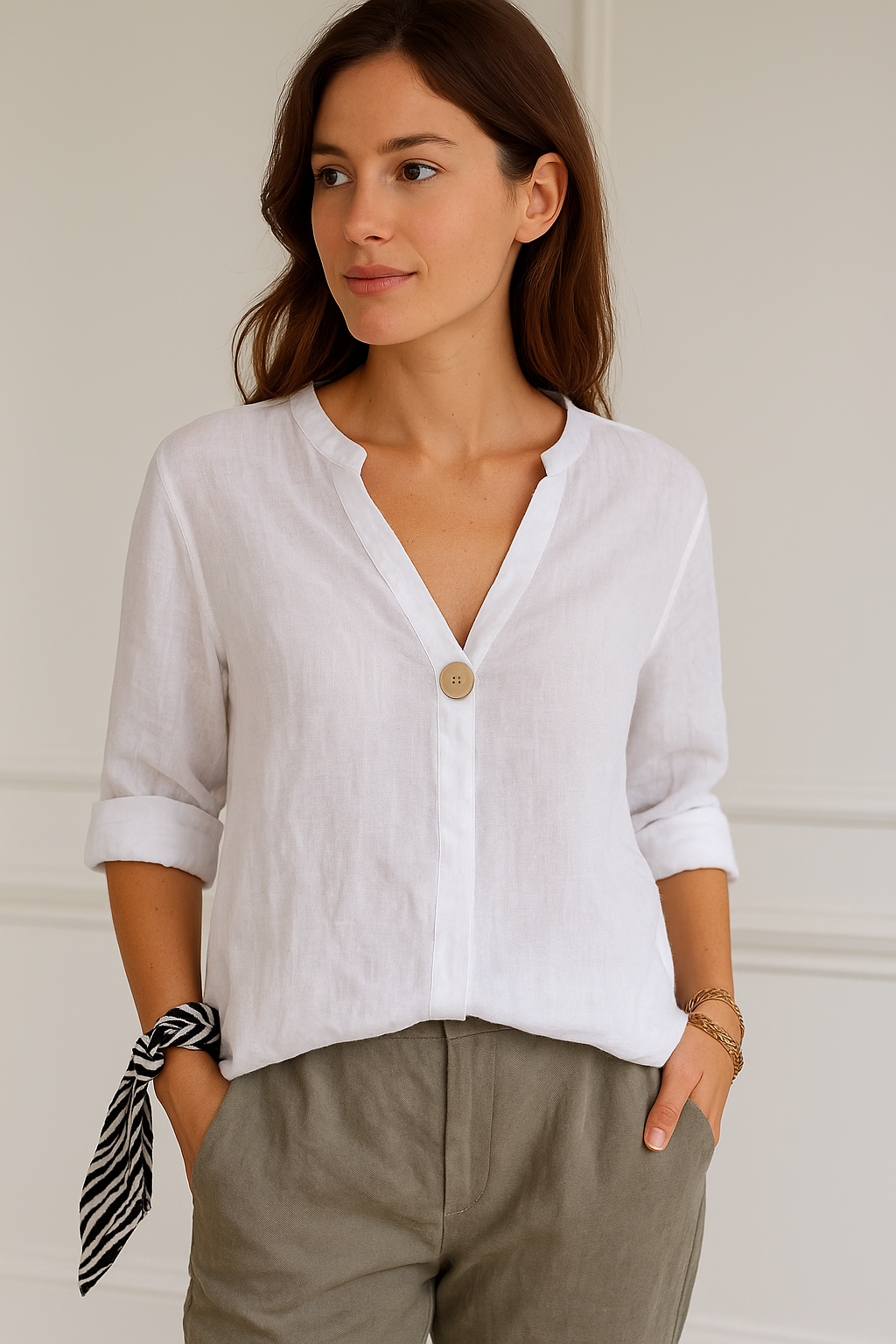 Chemisier simple décontracté col V boutonné pour femme