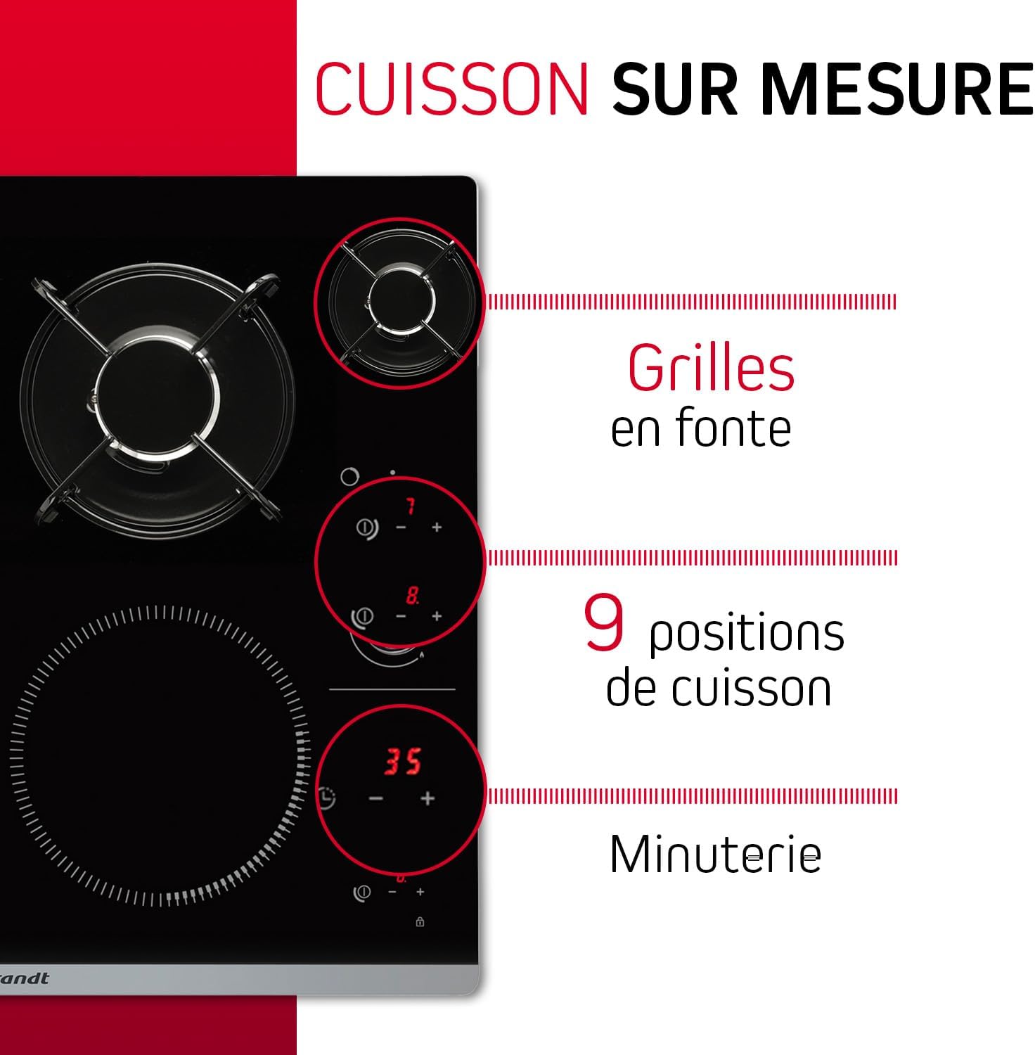 2026 2025 Brandt BPI6413BM – Table de Cuisson Mixte Induction & Gaz, 4 Foyers, 9 Niveaux, Édition Limitée