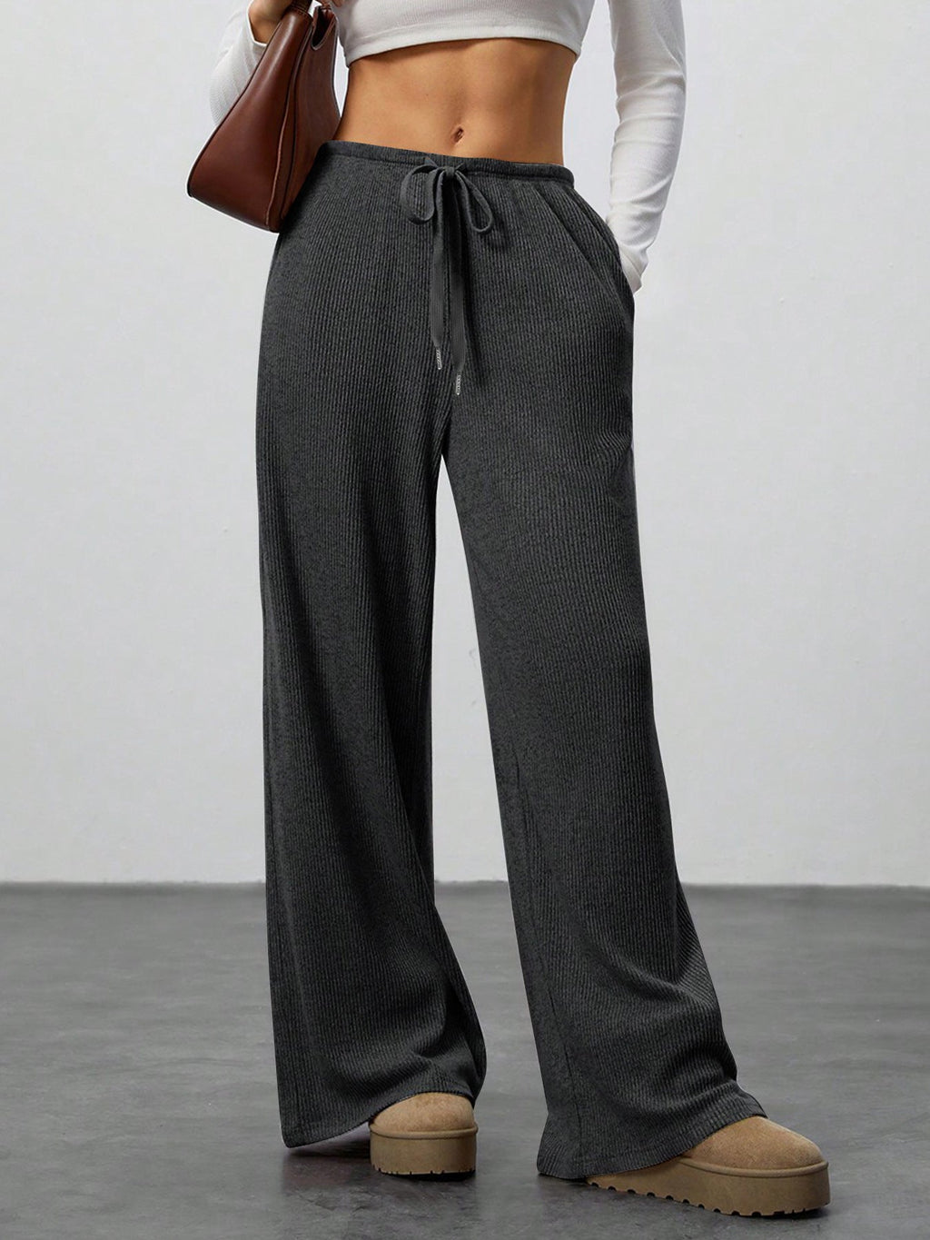 Pantalon couleur unie ample jambes larges à cordon décontracté pour femme