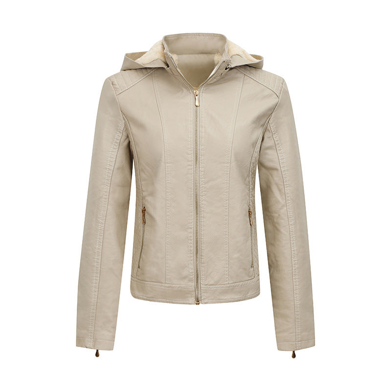 Veste peluche à capuche en cuir coupe ajustée hiver chaud pour femme