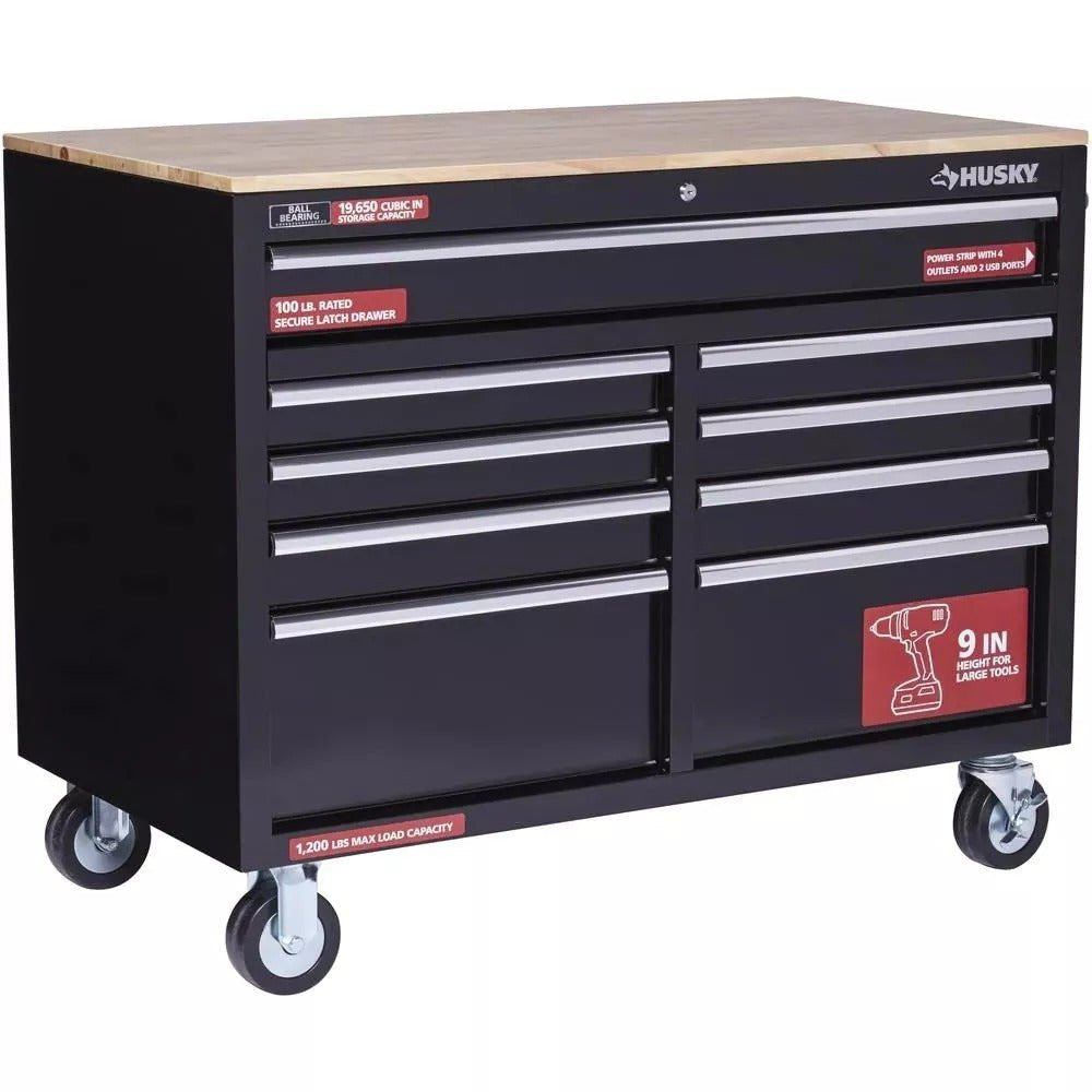 2026 Coffre à outils mobile 9 tiroirs - Noir brillant - Dimensions : 117 cm (L) x 61 cm (P)