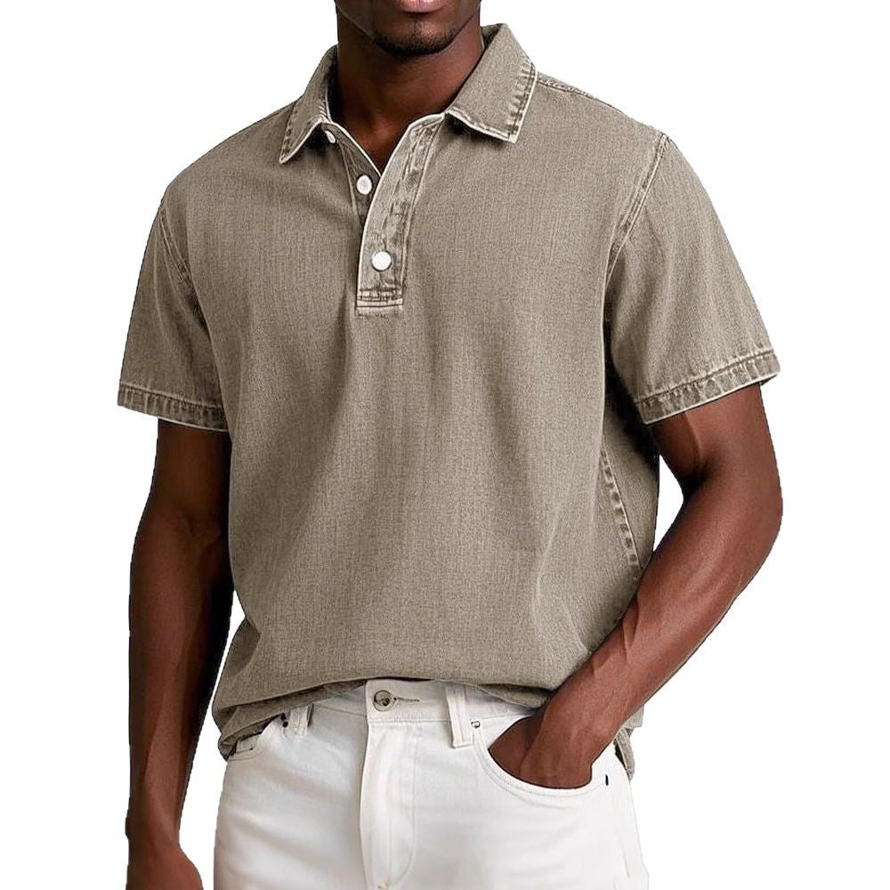 Polo couleur unie vintage manches courtes à revers décontracté pour homme