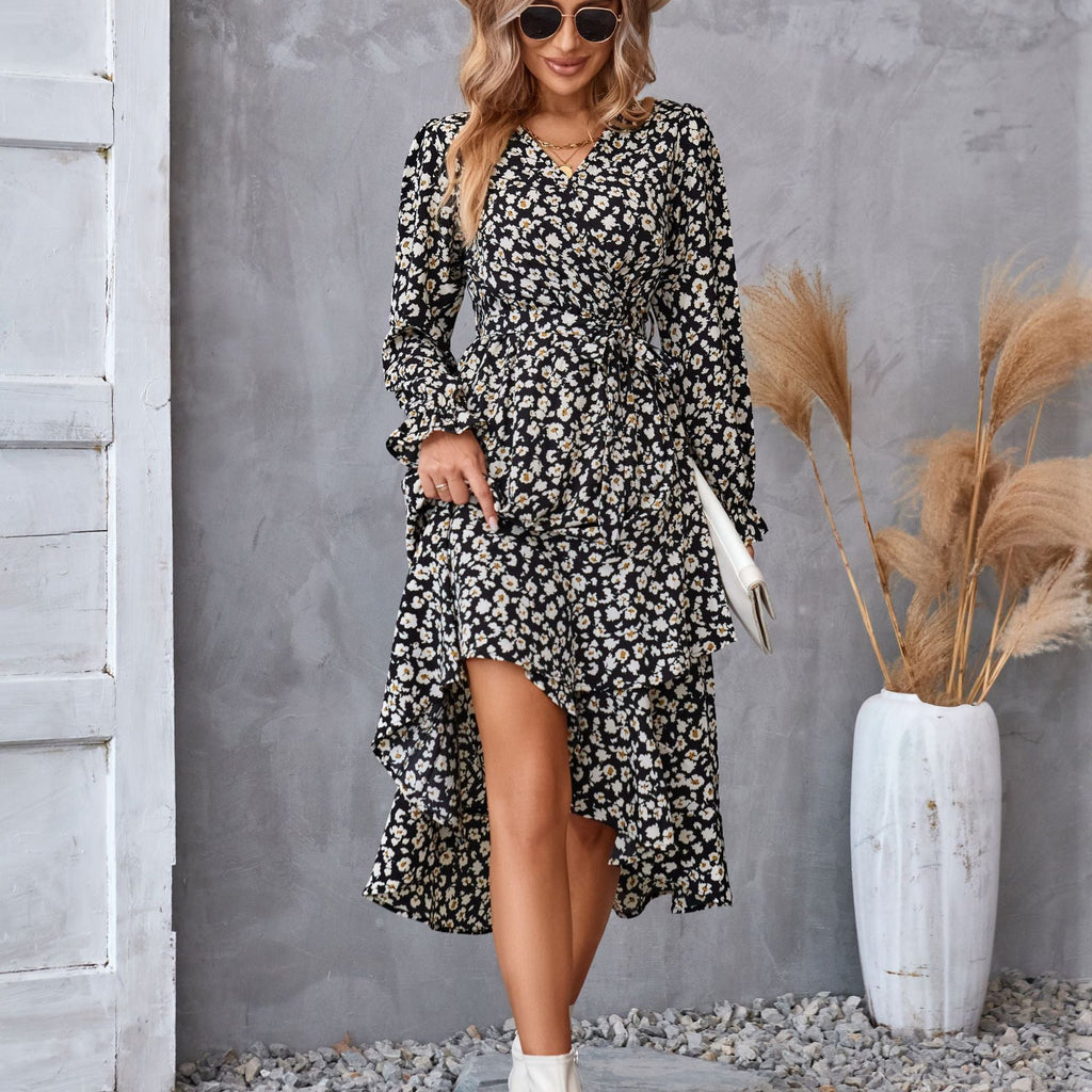 Robe fleuri imprimé manches longues à volants midi ville élégant pour femme