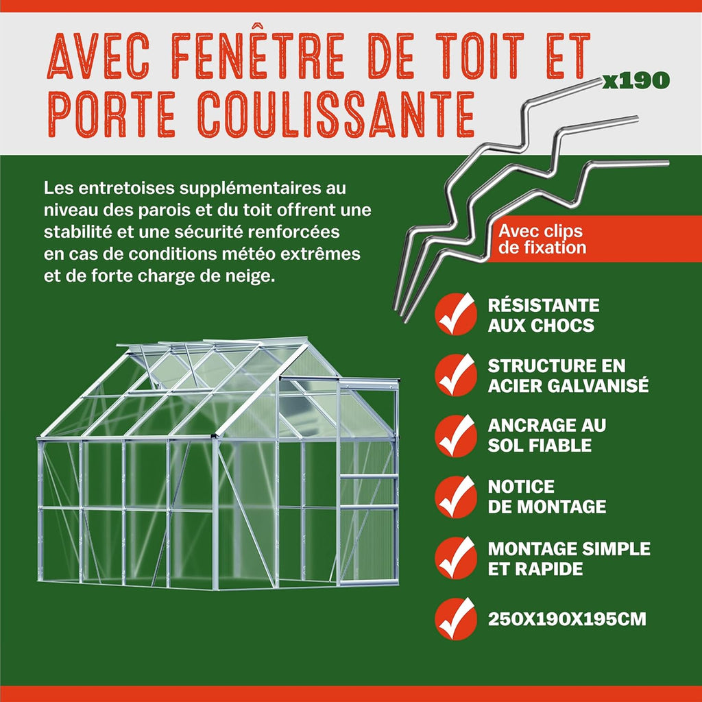 2026 Gardebruk Serre de Jardin en Aluminium 7,63m&sup3; abri ext&eacute;rieur pour Plantes l&eacute;gumes 250x190x195cm avec fen&ecirc;tres