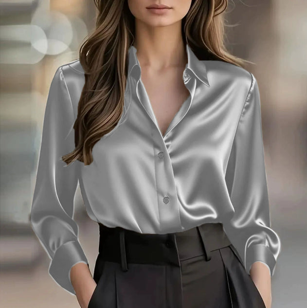Chemisier élégant satin manches longues boutonné up brillant bureau pour femme