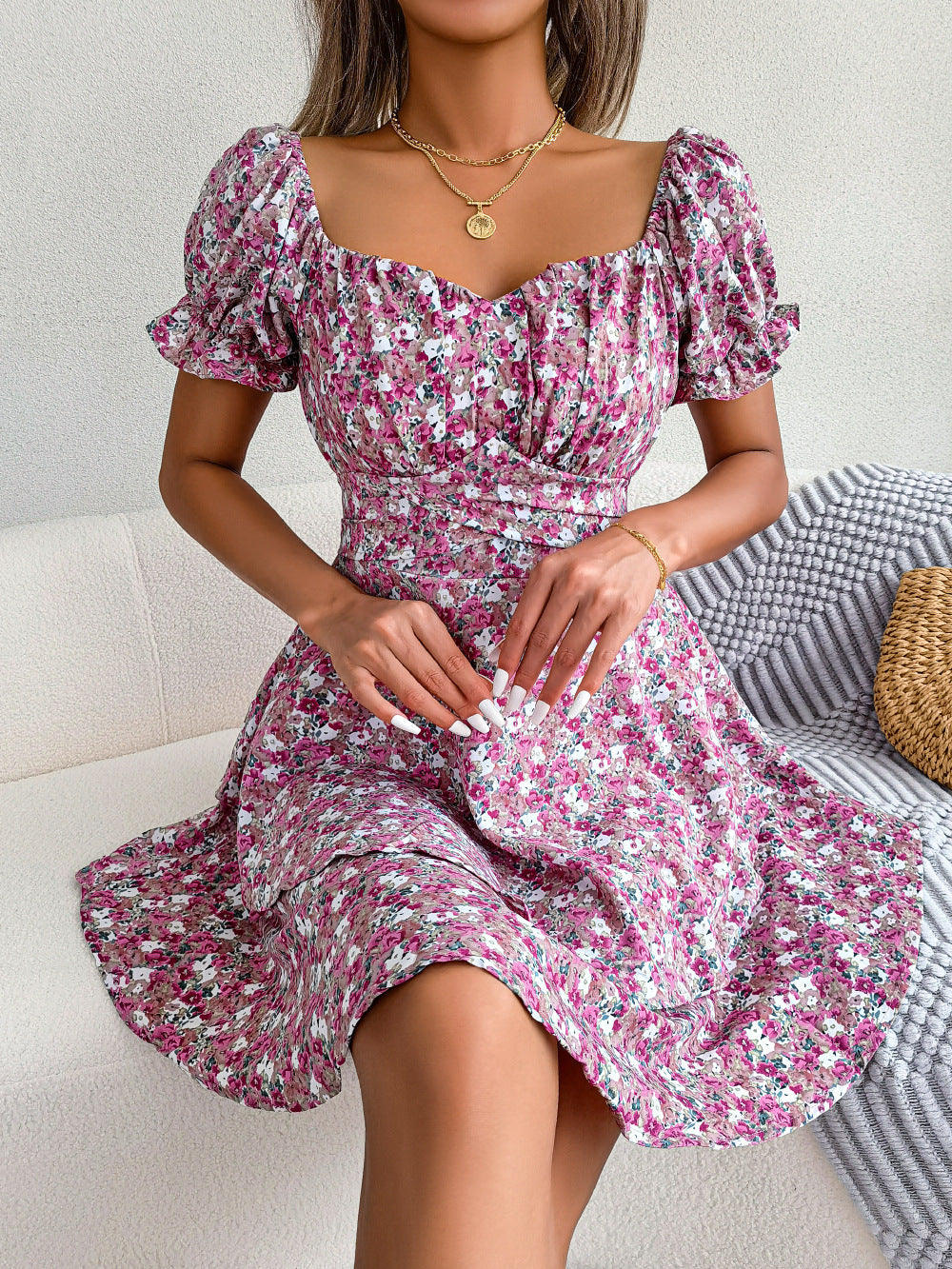 Robe fleuri mini taille haute évasé été décontracté pour femme