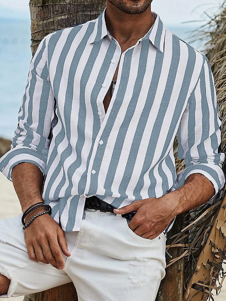 Chemise rayé manches longues en coton été décontracté respirant pour homme