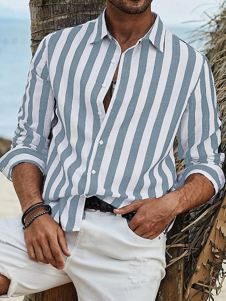 Chemise rayé manches longues en coton été décontracté respirant pour homme