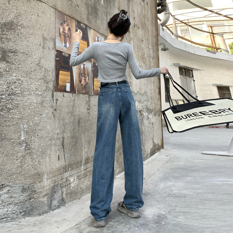 Jean rétro taille haute ample baggy droit en denim pour femme