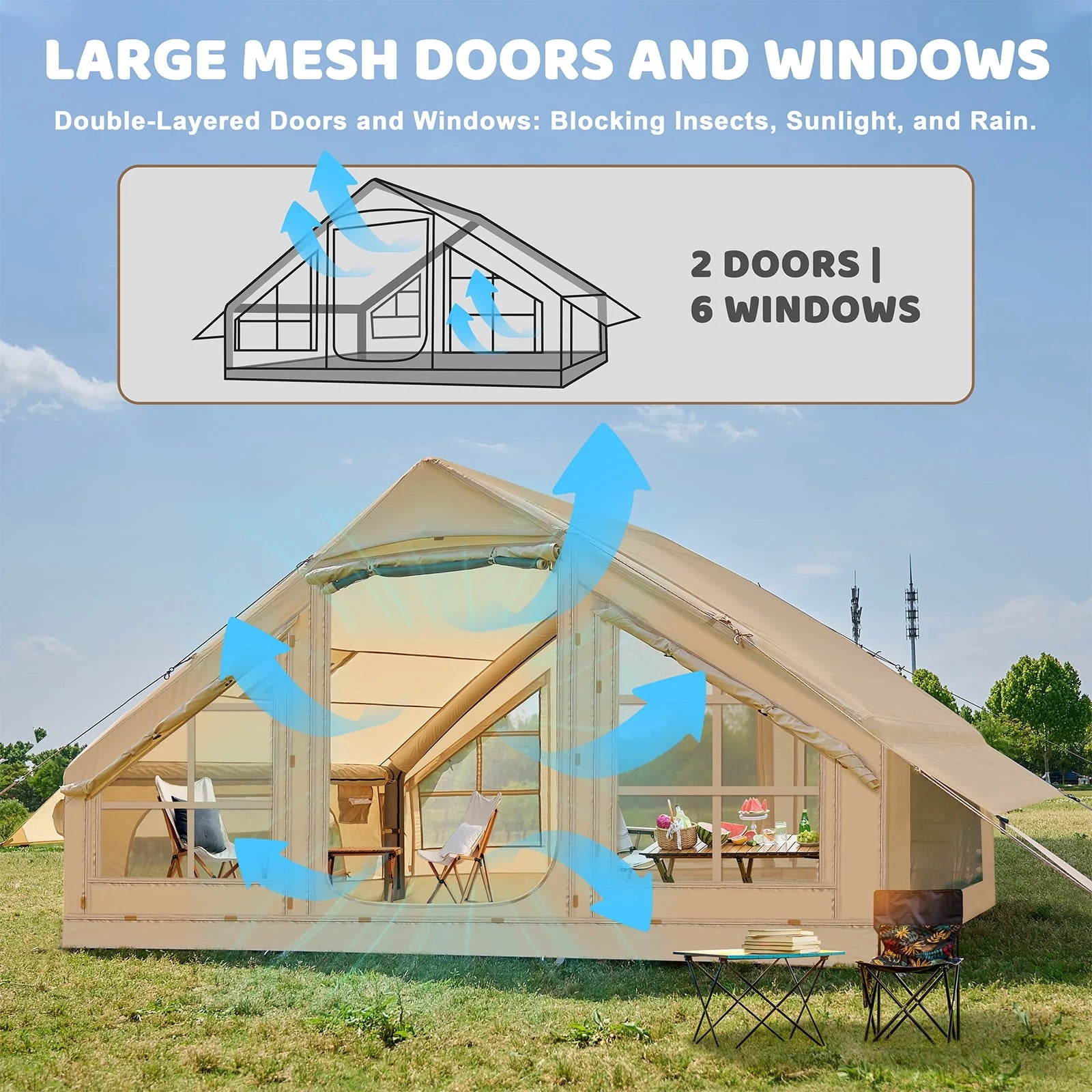 2026 Tenda da campeggio gonfiabile per 6 persone con pompa,tenda familiare Glamping di 10 piedi x 7 piedi Facile installazione 4 stagioni impermeabile antivento all'aperto Blow Up Tent Cabina Oxford di lusso con finestre e porte a rete -