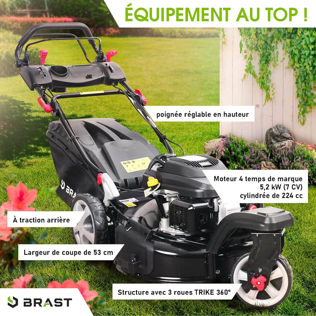 2026 BRAST tondeuse thermique 3 roues TRIKE E-START 224cc 53cm tractée démarrage électrique mulching 4en1 capot en tôle en acier 60l - moteur 4 temps de la marque française GT reglable