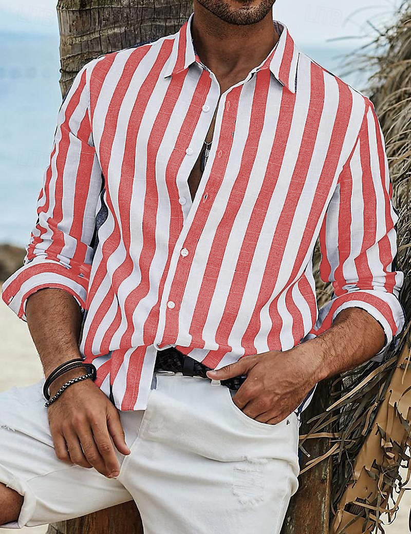 Chemise rayé manches longues en coton été décontracté respirant pour homme