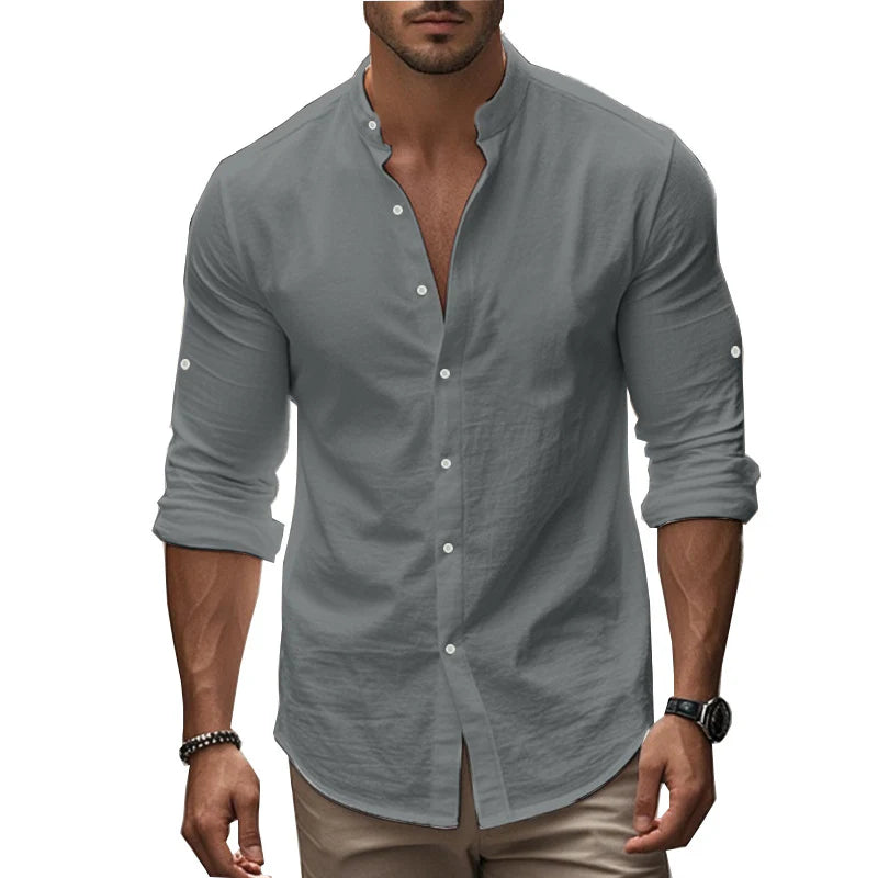 2026 Men's Casual Cotton Standing Collar Long Sleeve Summer Shirt Breathable